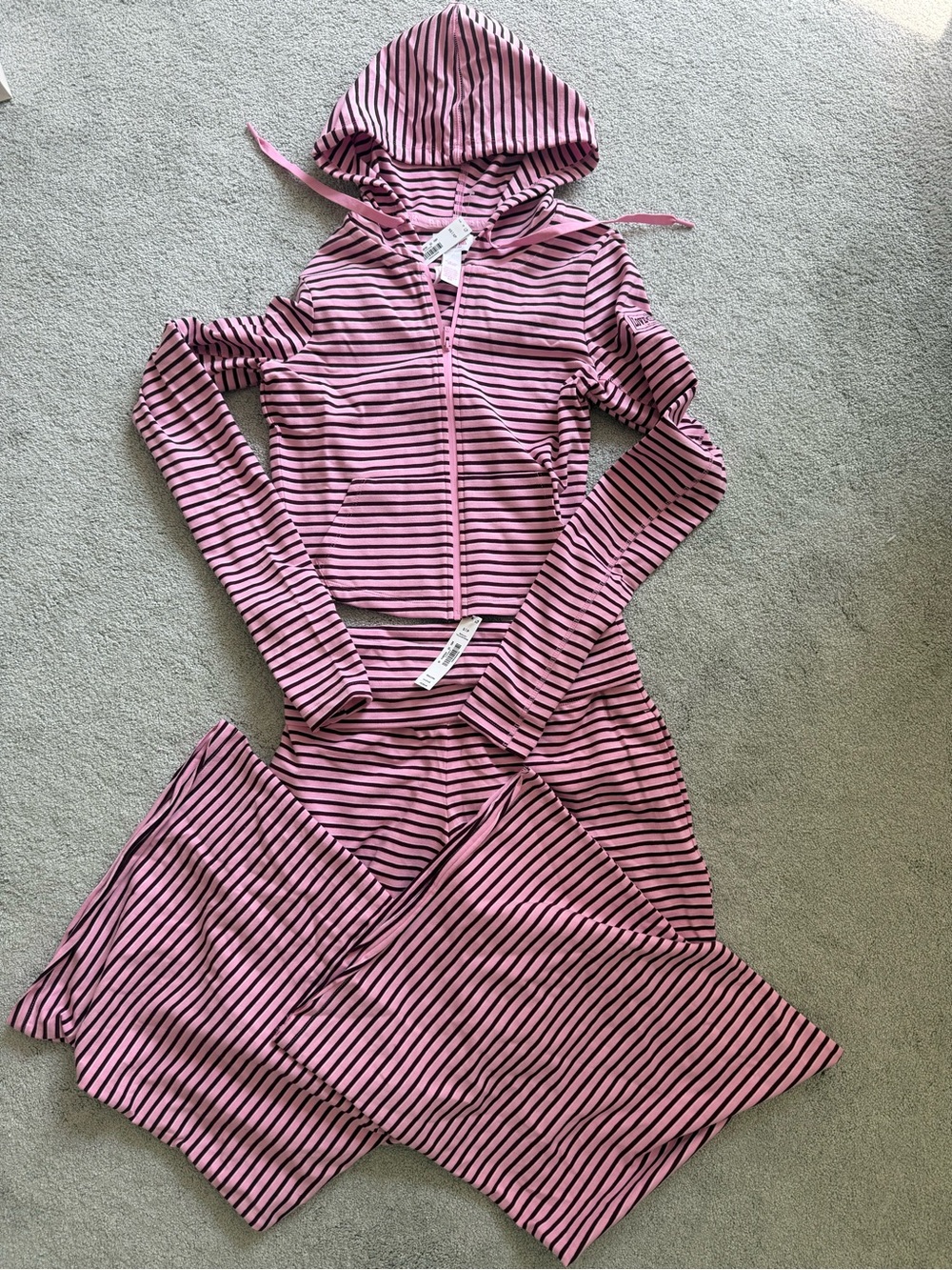 Victoria secret Pink and Black Striped Hooded Lounge Set  xs new with tags